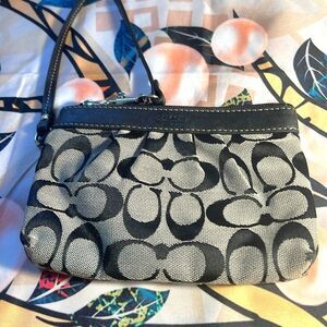 Coach Black and Beige “C” Logo Canvas and Leather Wristlet